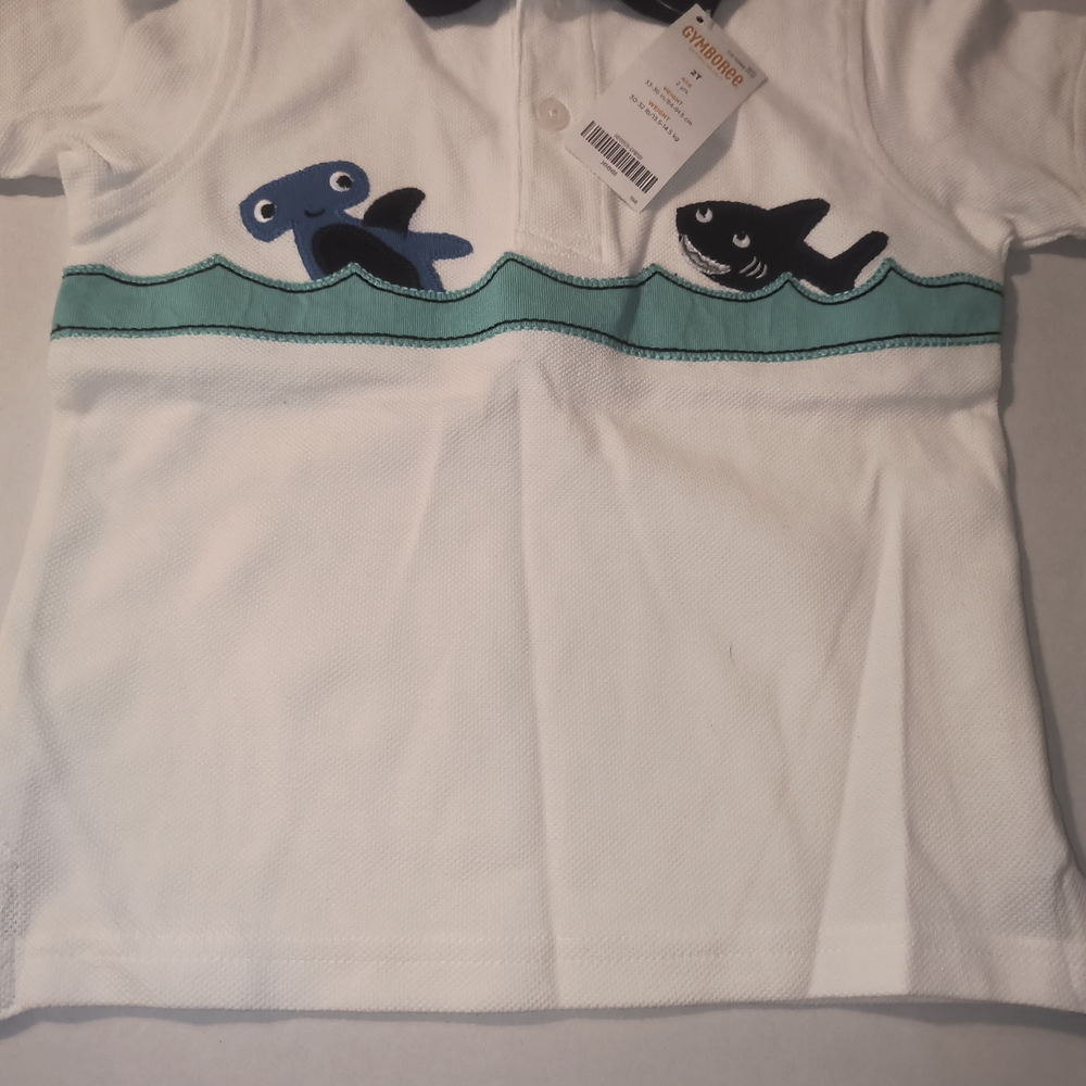 Gymboree White Polo with Teal Wave & Navy Sea Creature Appliques